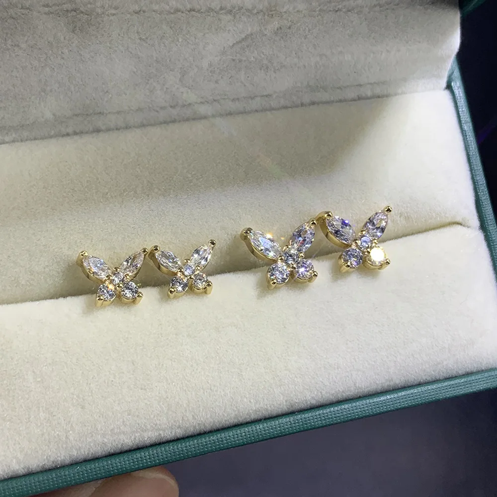 Goldfarbene Schmetterlings-Ohrstecker für Damen, koreanischer Stil, zierliche Zirkonia-Ohrstecker, Ohrschmuck, Damenschmuck, Geschenke – Detail 4