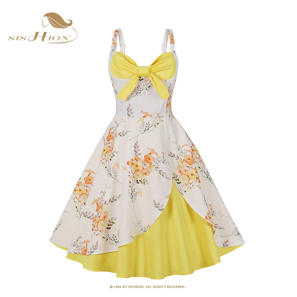 

SISHION Spaghetti Strap Patchwork Sexy Summer Dress VD2990 Floral Print Striped Plaid Cotton 50s Retro Vintage Dresses