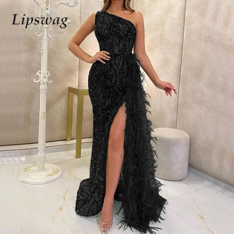 

2024 Elegant Sequin Fairy Princess Dress Fashion Slant Neck O Shoulder Slim Fit Maxi Dress Sexy Ladies Feather Split Party Dress