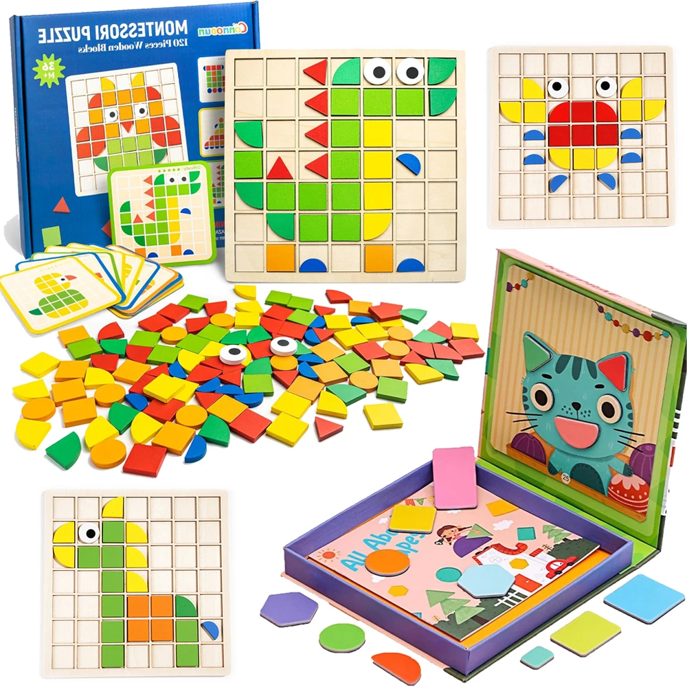 Wooden Puzzle Toys Wooden Montessori Puzzle Toys Mosaic Color Shapes Sensory Game Early Educational Toy Jigsaw Pattern Blocks for Toddler's Gifts