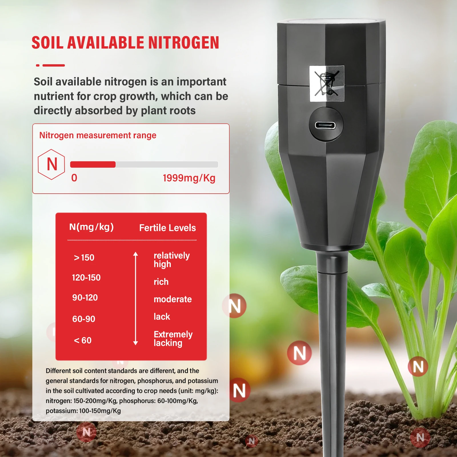 Soil Nutrient Tester NPK Sensor Digital Soil Analyzer 0-1999mg/kg Soil Fertility