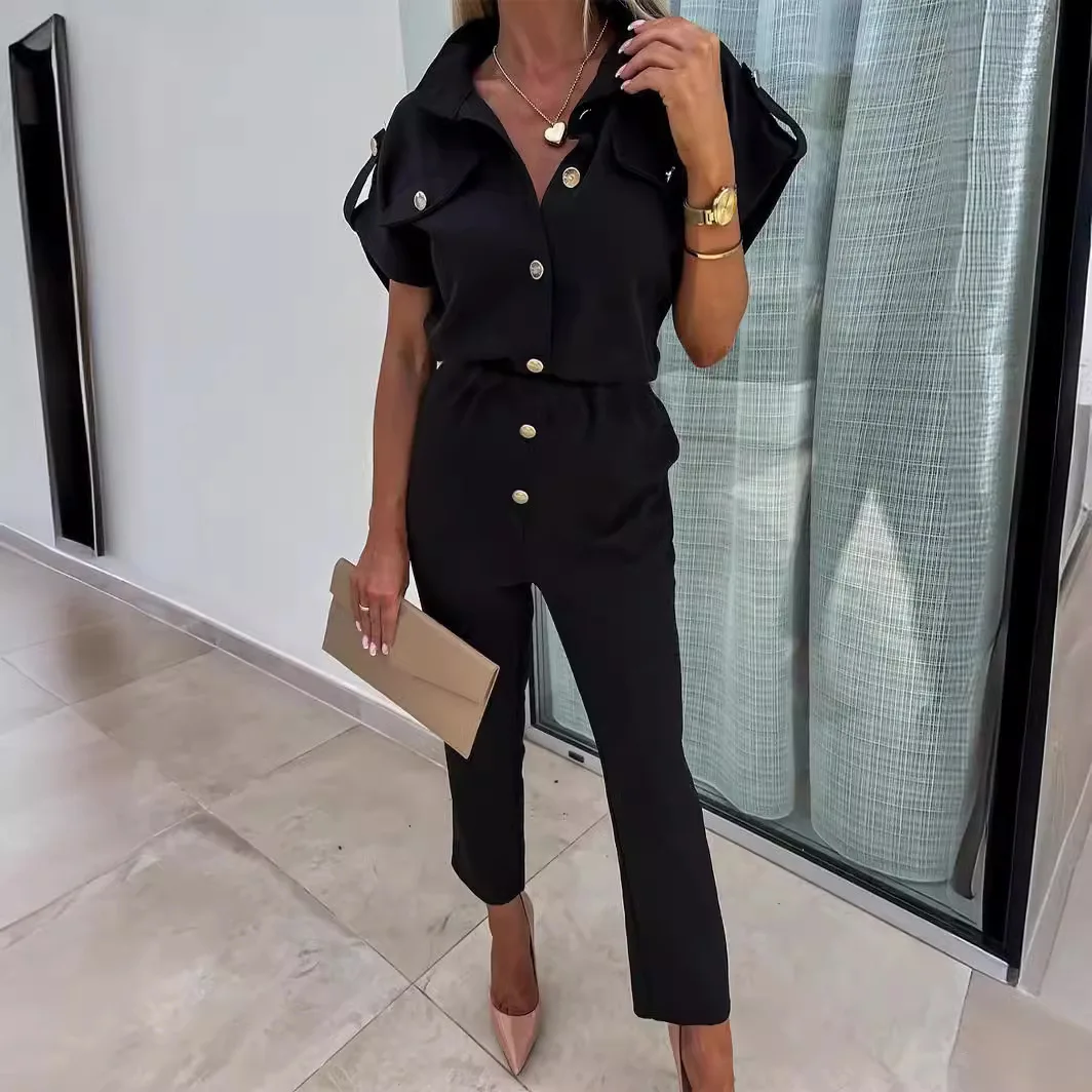 

Elegant Jumpsuit Women's Clothing Spring and Autumn 2024 New Flip Collar Button Sleeveless High Waist Jump Suits for Female