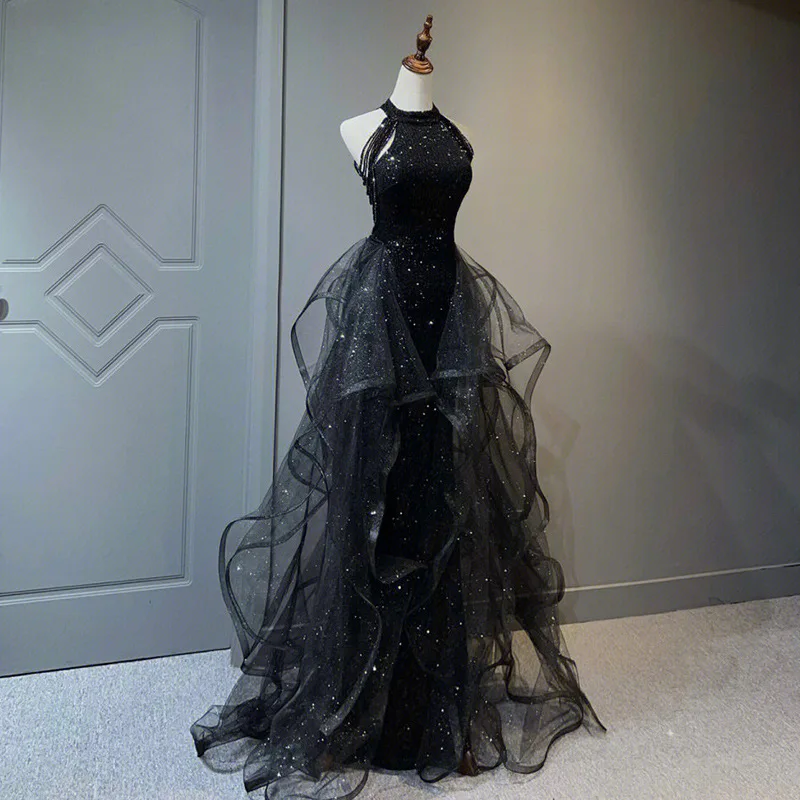 High-grade Sequin Halter Evening Dress Women New Beading Tassel Ruffles Slim Shiny Cocktail Dresses Luxury Design Banquet Gown