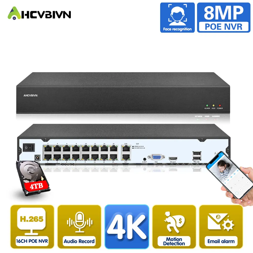 Videoregistratore Di Rete H.265 Rj45 16Ch 4K Nvr Poe Videoregistratore Ip Di Sicurezza Per Videosorveglianza 8Mp 8Ch Poe Nvr System Xmeye