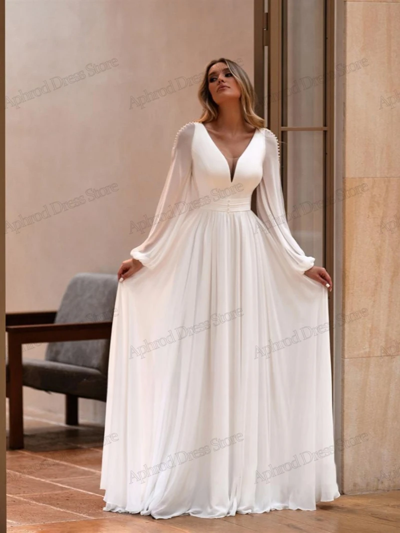 Modest Wedding Dresses A-Line V-Neck Chiffon Bridal Gowns Full Sleeves Floor Length Robe For Formal Party 2024 Vestidos De Novia