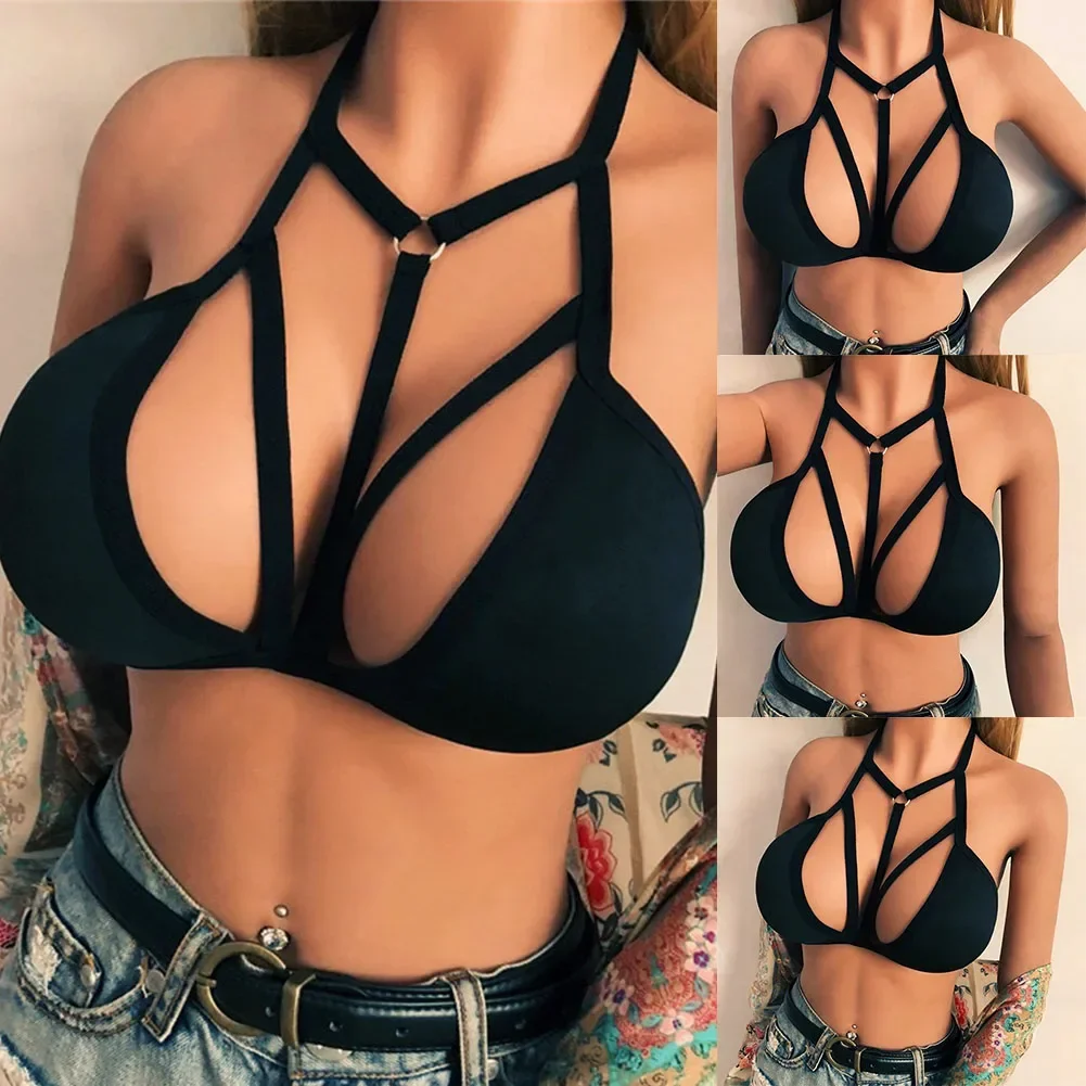 Women Fashion Sexy Hollow Out Bra Top Bralet Crop Top Blouse Tee Shirt Exotic Bandage Bra Black