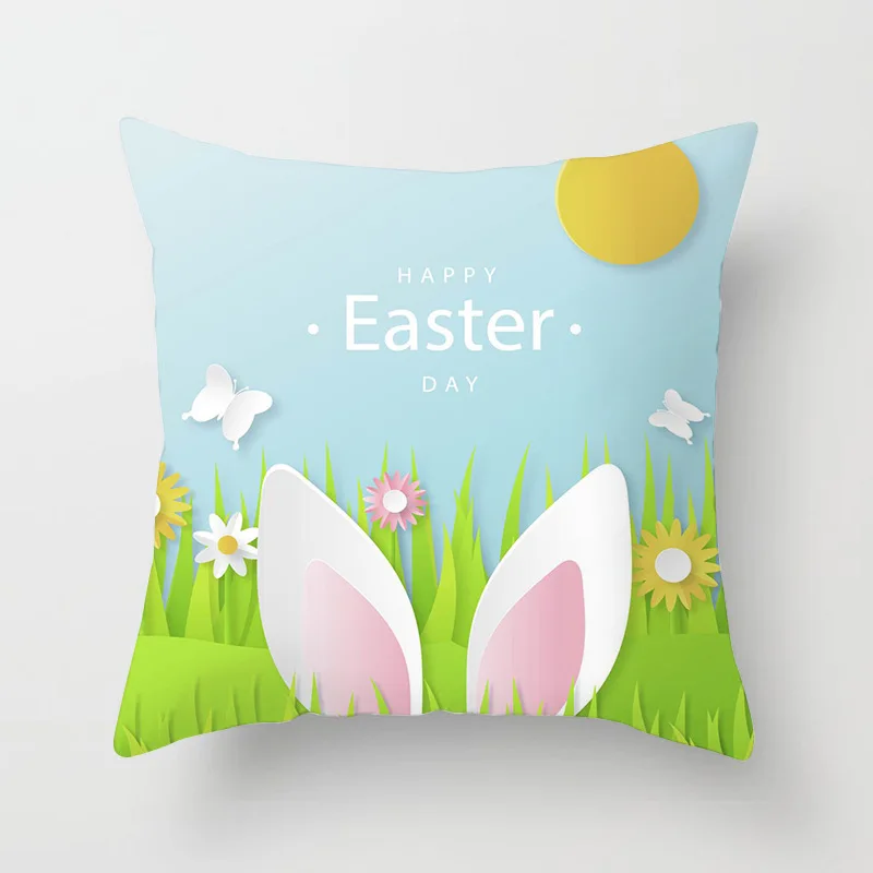 45x45cm Happy Easter Cushion Cover Spring  Home Decorative Flower Garland Rabbit  Egg Print Pillow Case 3