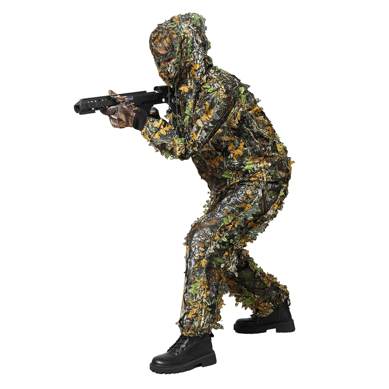 Tactical Outdoor 3D Maple Leaf Bionic Camouflage Ghillie Suit Jungle Clothing Set Pants Hooded Jacket for Kids Men Women Hunting