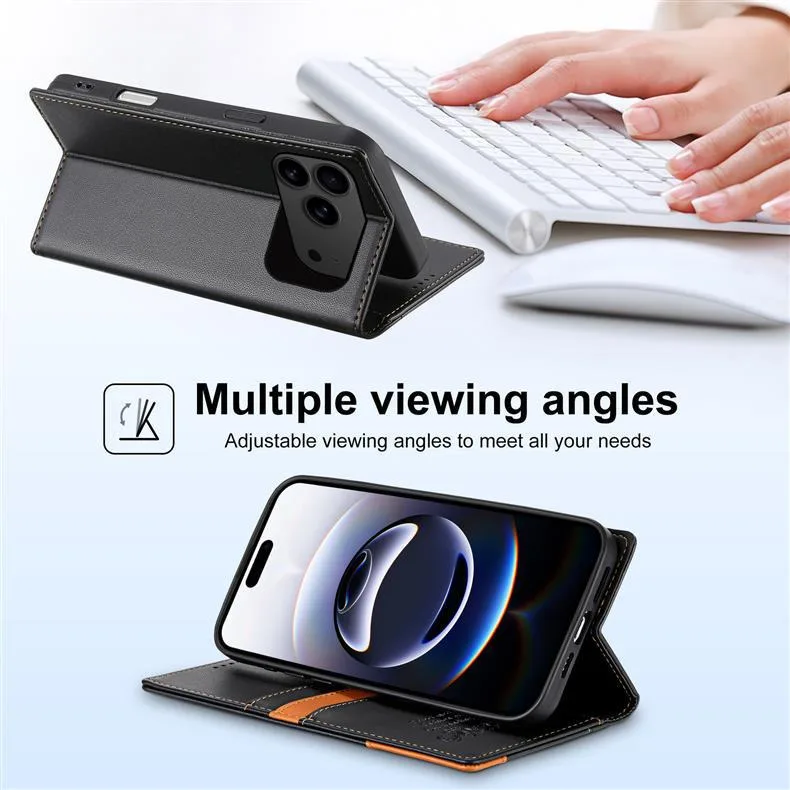Sleek Leather Wallet Case with Double Hem Stitching and Card Slot Flip Kickstand