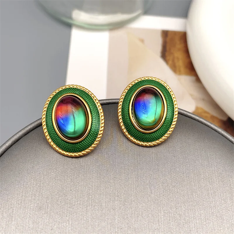 

European And American Retro Geometric Green Enamel Glaze Inlaid Color Crystal Glass Stud Earrings For Women Fashion Earrings