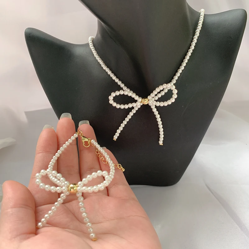 

Sweet Shell Pearl Handmade Bow Jewelry Sets Gold Plated Brass Bracelet Necklace Pearl Bead Jewelry Set For Women