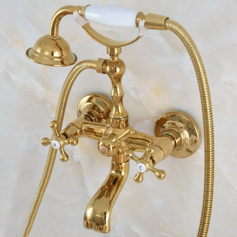 

Polished Gold Brass Double Handle Wall Mounted Bathroom Bath Tub Faucet Set with 150CM Hand Held Shower Spray Mixer Tap 2na854