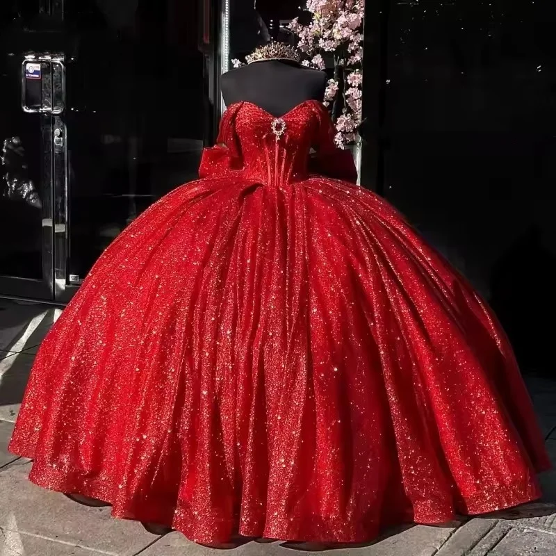2025 Sparkly Red Quincenara Dresses With Bow Off Shoulder Sequins Ball Gowns Sweet 16 Dress Vestidos De 15 Años Customized 1