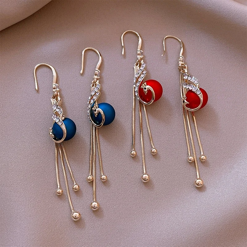 2022 New Long Tassel Pearl Peacock Phoenix Earrings Korean Blue Red Pearl Earrings Zircon Piercing Earrings Female Jewelry Gift