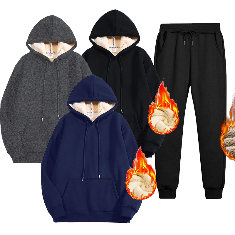 Black Thicken  Lining Hoodies Suit Mens Winter Hoodies Suit   Pocket Sweatshirts Hooded Pullover Casual Coats Suit