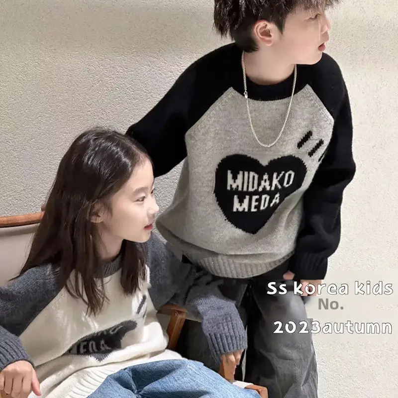 어린이 한국 스타일 스웨터, 컬러 블록 라운드넥 이너, 겉옷 베이스레이어 크루넥 디자인, 2023 가을 겨울 신상