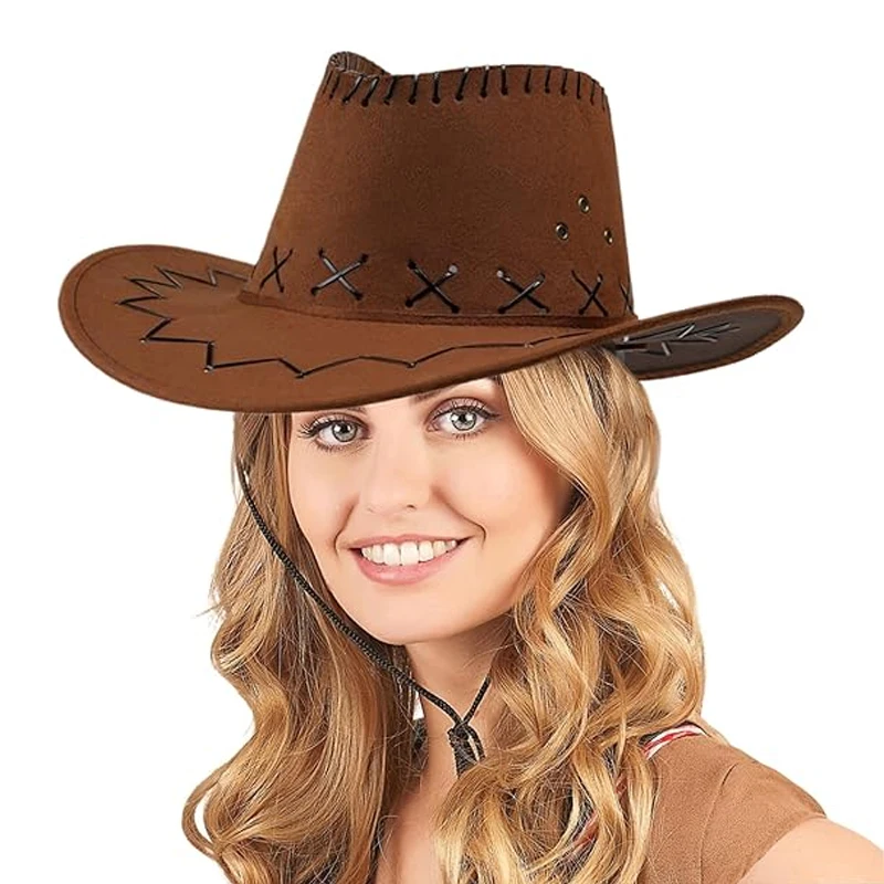 Vintage Wide Brim Cowboy Hat Fancy Dress Cowgirl Hat Western Themed Party Summer Sun with Wind Lanyard for Men Women