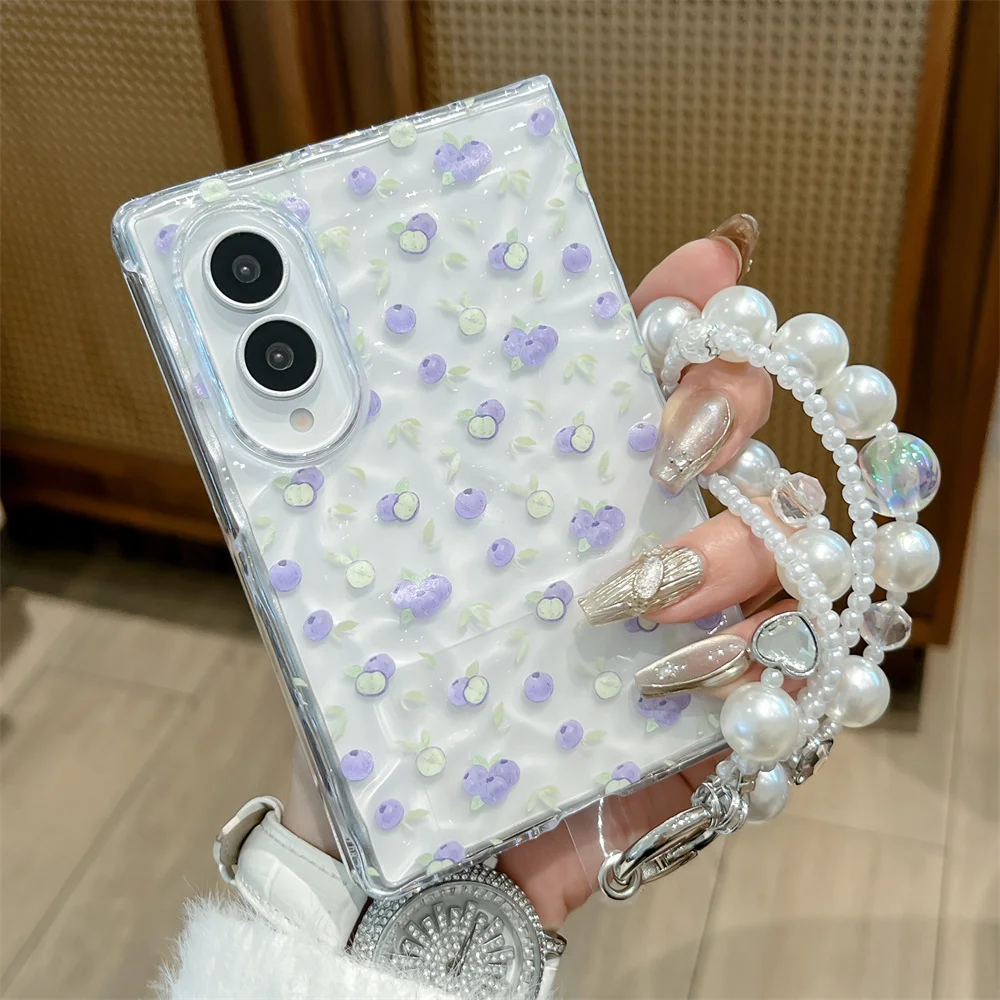 Cute Purple Blueberry Print Wavy Glitter Clear Phone Case with Pearl Wrist Strap
