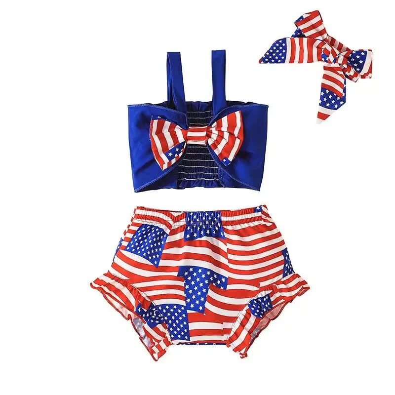 

Summer Girl sling July the 4th suit top + shorts + headband three-piece set Toddler clothes boutique outfits