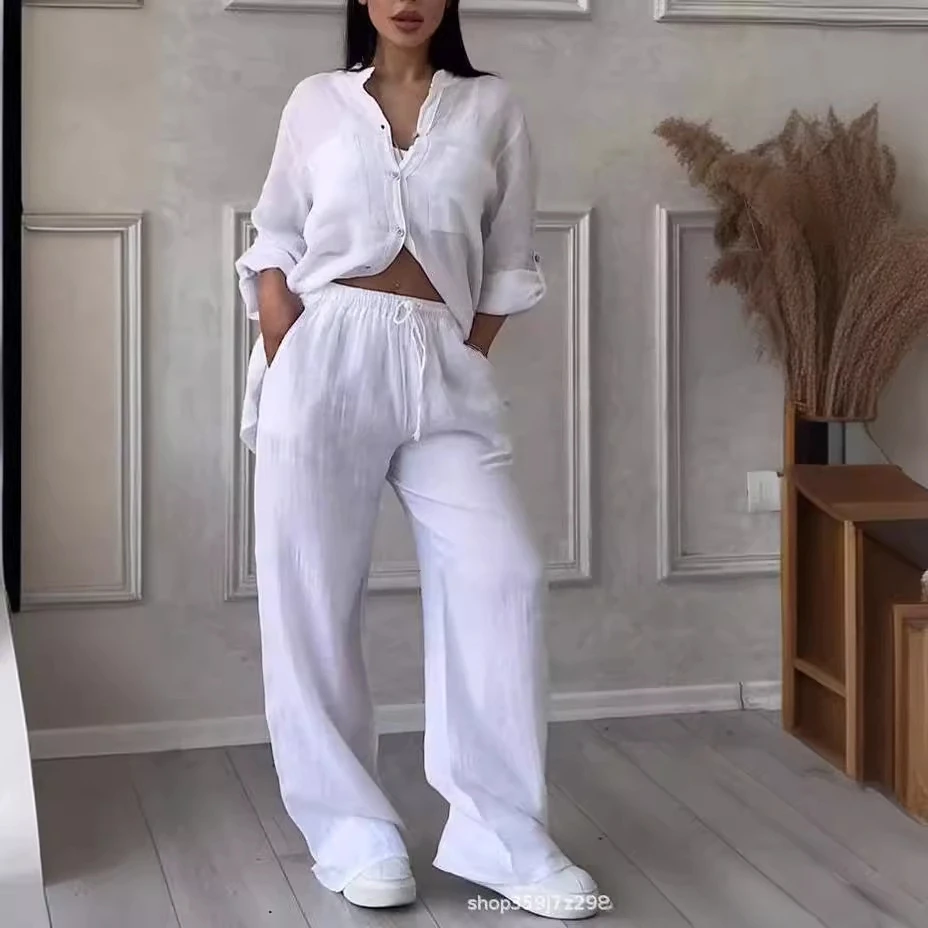 Hailey | Stylish Cozy Shirt Wide-Leg Pants Linen Cotton Two-Piece Set