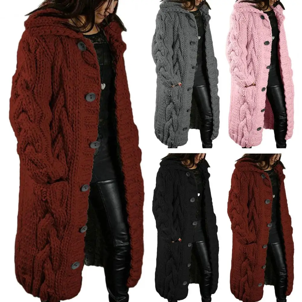 

Long Sweater Jacket Stylish Mid-length Knitted Sweater Coat for Women Warm Solid Color Cardigan with Turn-down Collar for Fall