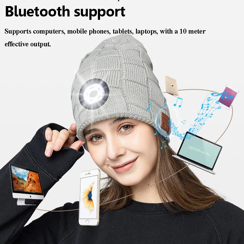 Warm Bluetooth 5.0 Headphones Outdoor LED Light Music Hat with MIC for Handsfree Easy to Disassemble Washable Birthday Gifts