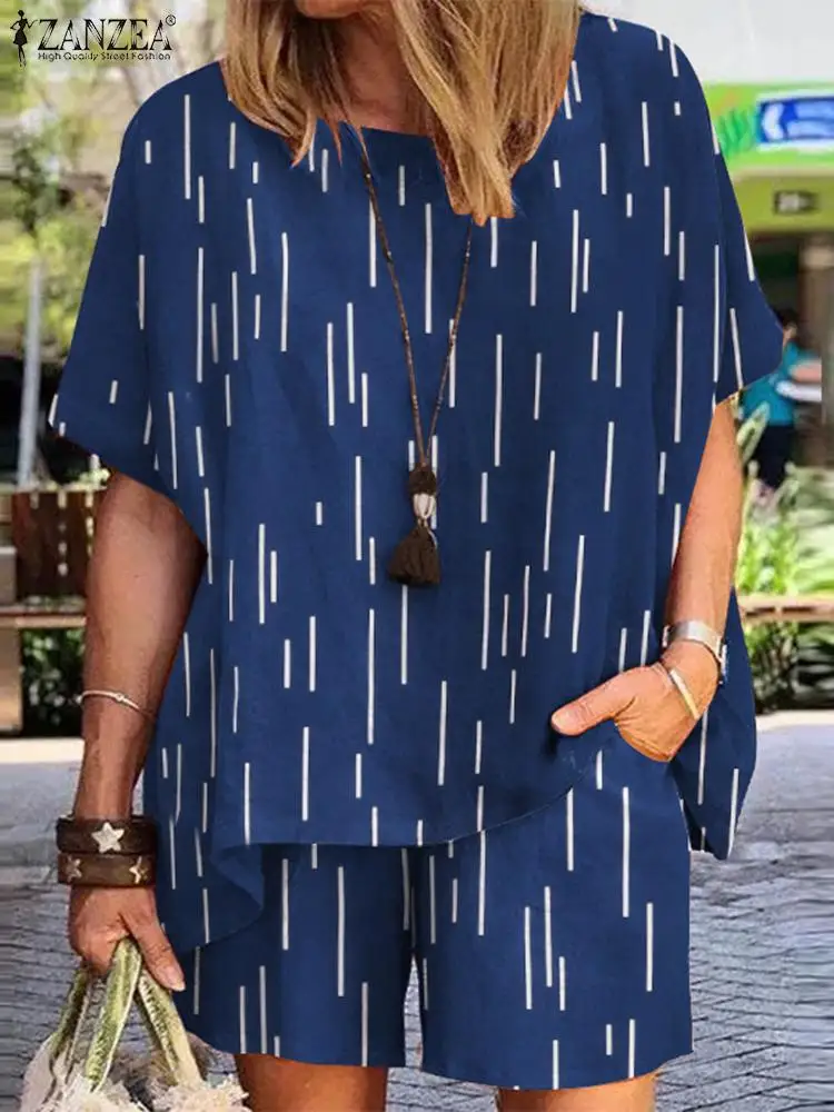 

ZANZEA Fashion Printed Matching Sets Bohemain Women Blouse Short Sleeve Tops and Elastic Waist Short Sets Summer Suit Traksuits