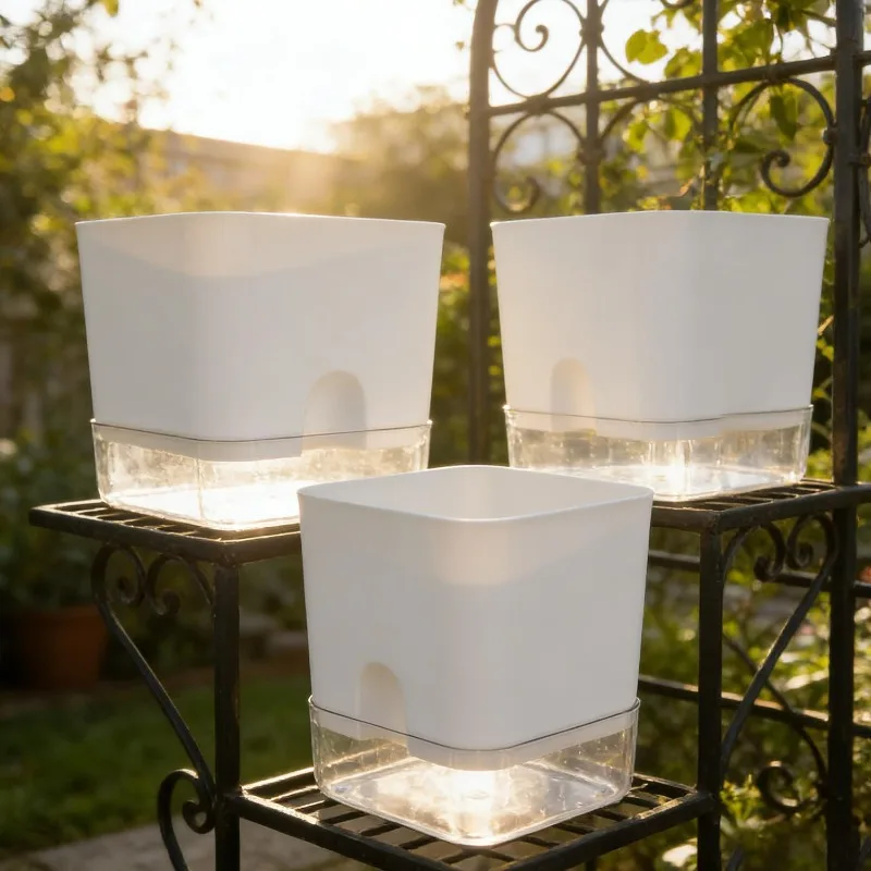 White Self-Watering Square Flowerpot for Indoor and Outdoor Decor