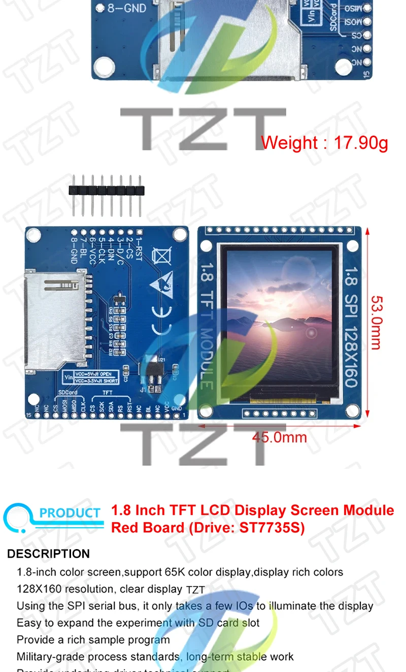 1/5 Stück 1,8 Zoll LCD-Display TFT-Bildschirmmodul SPI-Schnittstelle 128*160 Auflösung 16BIT RGB 4 IO ST7735S Treiber für Arduino – Detail 5
