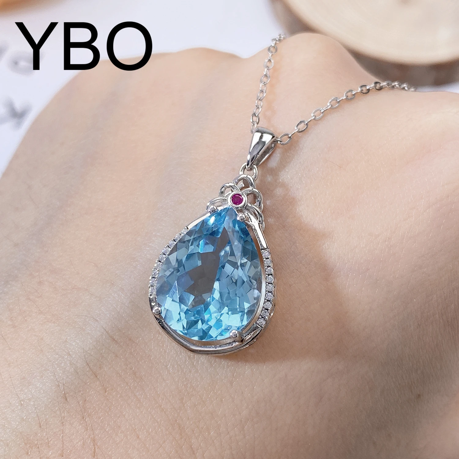 

YBO Water Drop Swiss Blue Topaz Pendants Natural Gemstone CZ Necklaces Luxury 925 Sterling Silver Fine Jewelry Clavicle Chains