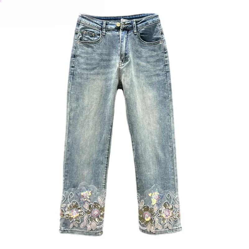 

Straight Jeans for Women Cropped Pants 2024 New Spring and Summer Clothing High Waist National Style Sequined Flower Jeans