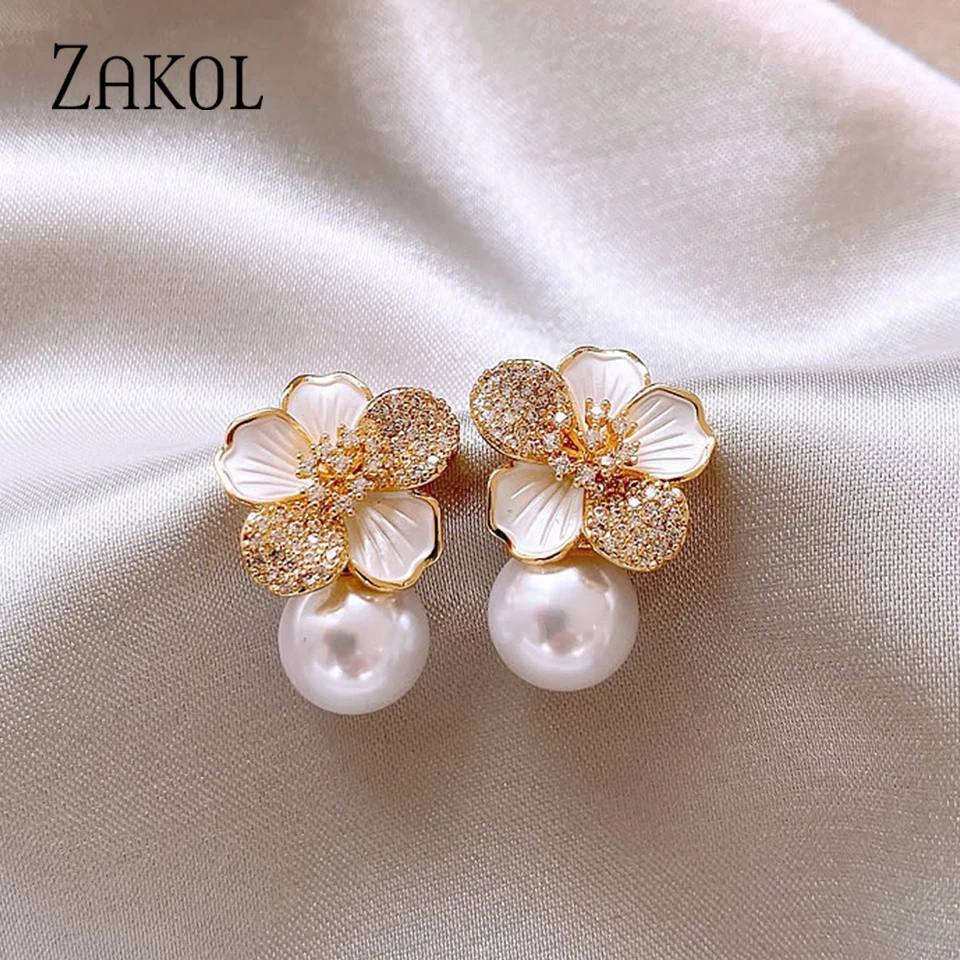 Ear Accessories ZAKOL Luxury Micro Set Zircon White Enamel Camellia Pearl Pendant Earrings For Women Exquisite Party