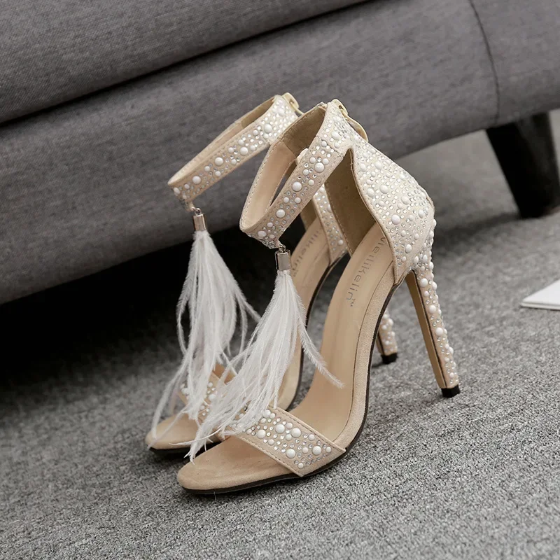 Women Sandals Summer Ladies Round Toe Sequined Cloth 11.5CM Thin High heels Slip On ZIP Rhinestones Bling women shoes size 35-42