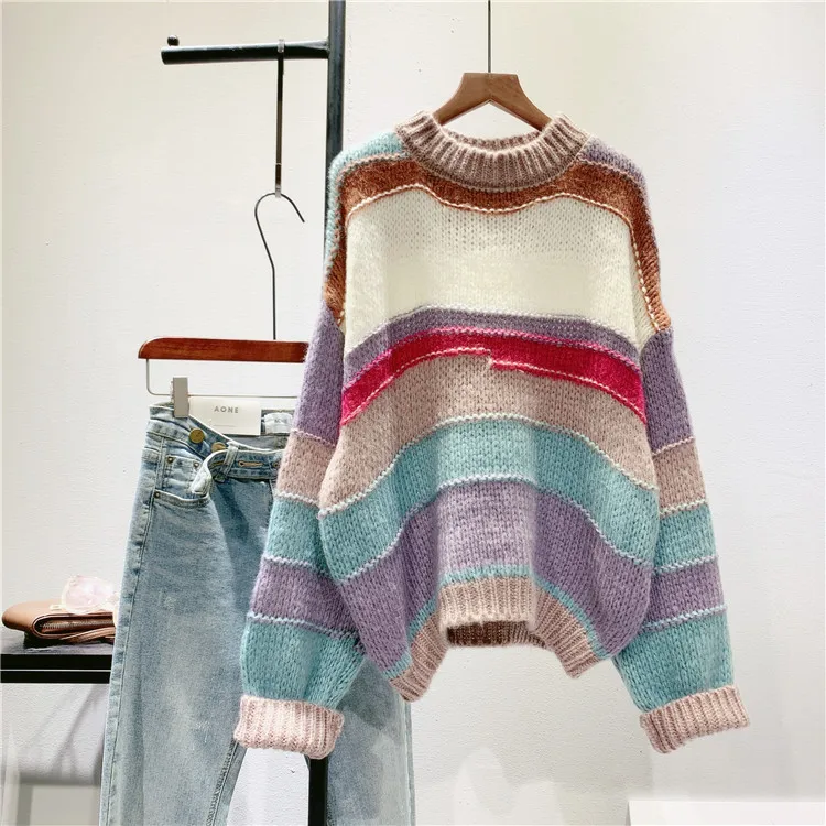 brown sweater 2020 Women Autumn O-Neck Sweater Long Sleeve Color Patch Women Warm Sweater Loose Style Winter Casual Women Pullovers Pull Femme cable knit sweater Sweaters