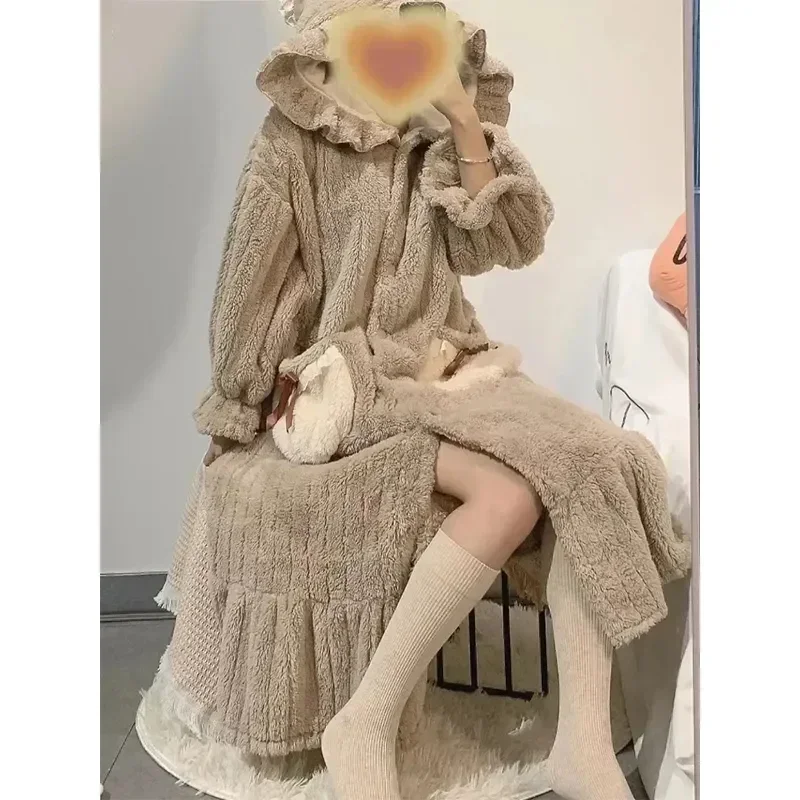 

Hooded Dressing Robe Fashion Warm Korean Thick Bathrobe Home Sleepwear Night Women Winter Cute Bath Harajuku Robes for Cozy Gown