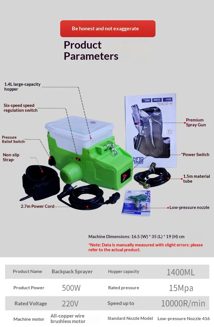 JH 500W Backpack Airless Paint Sprayer 15Mpa High Pressure & 6-Speed Control 1.4