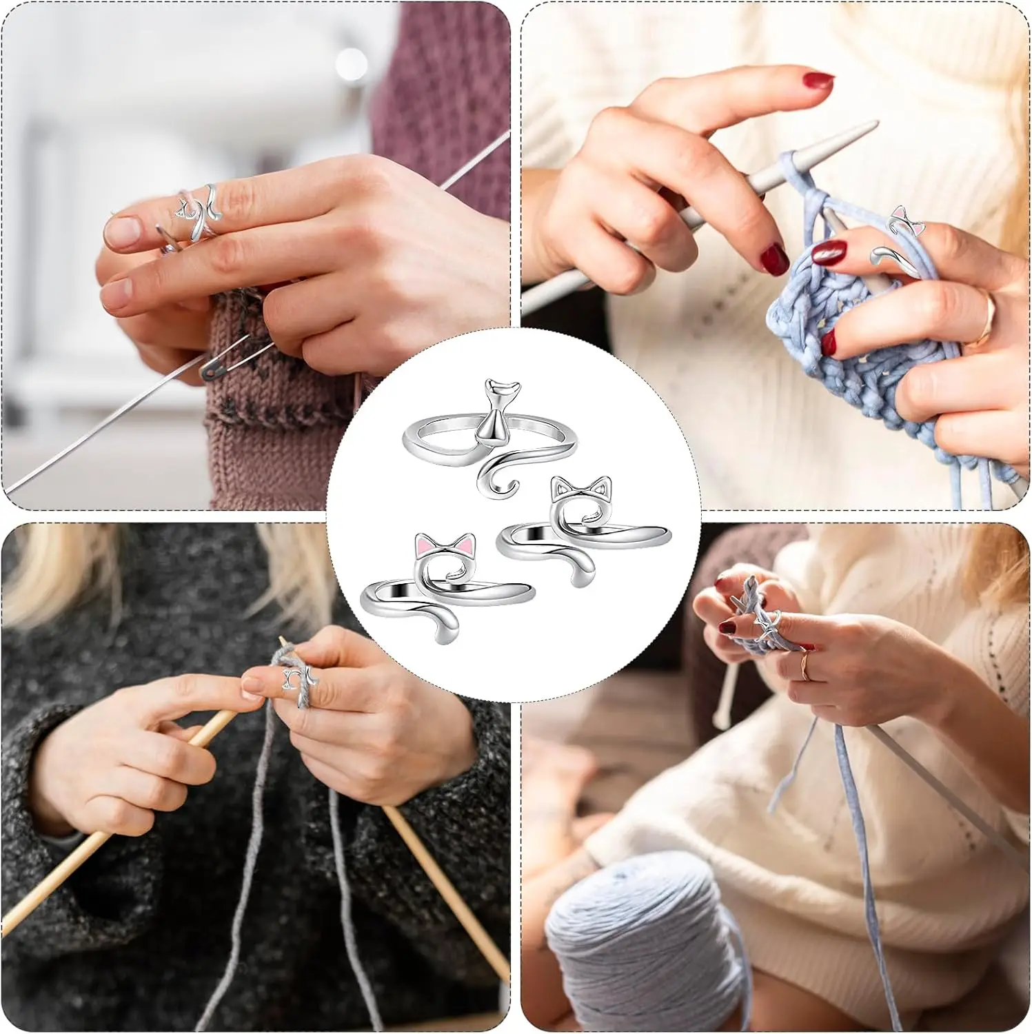 3pcs Crochet Ring Finger Cute Cat Crochet Loop Ring Adjustable Yarn Guide Holder Knitting Tension for Women DIY Craft Scarf