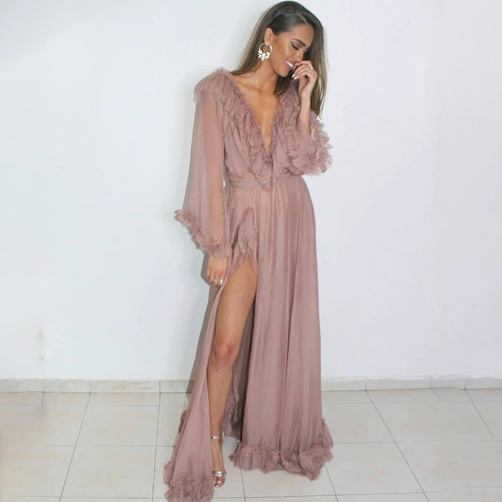 

Evening Dresses 2023 Deep V Neck Ruffle Long Sleeves Sexy Prom Dress for Women Dusty Pink 30D Chiffon Thigh-High Slit Party Gown