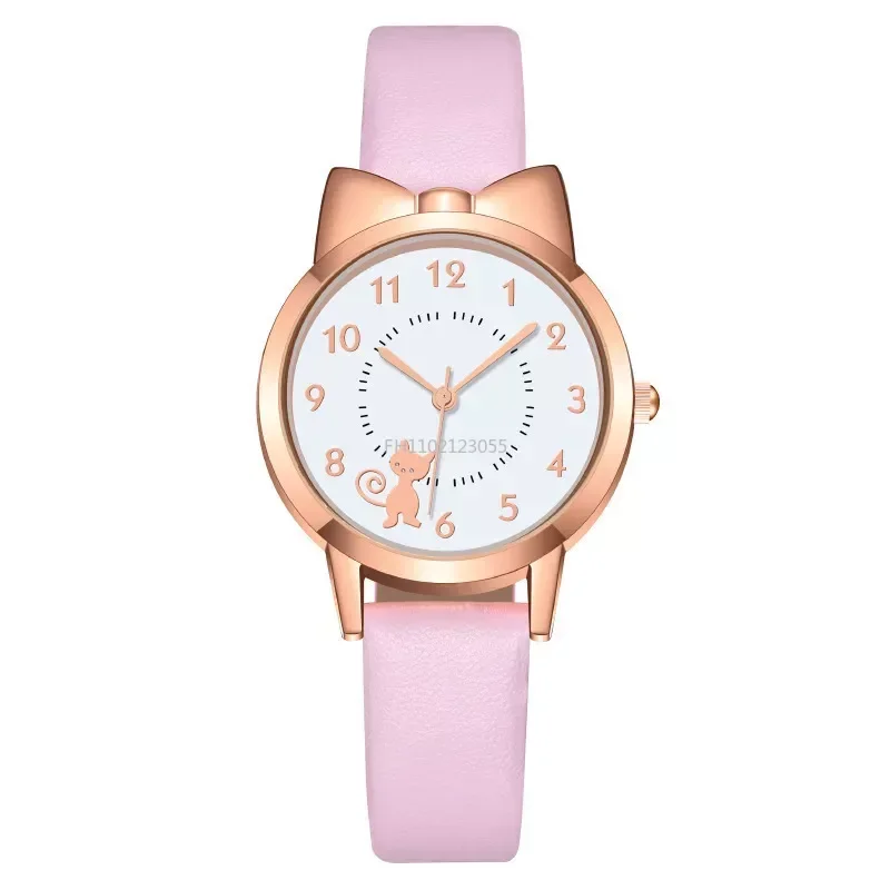 Cute Kids Children Watch Cartoon Cat Multi-color Quartz Clocks for Girls Clock WristWatch Rosette Watches Colorful Gift(No Box)