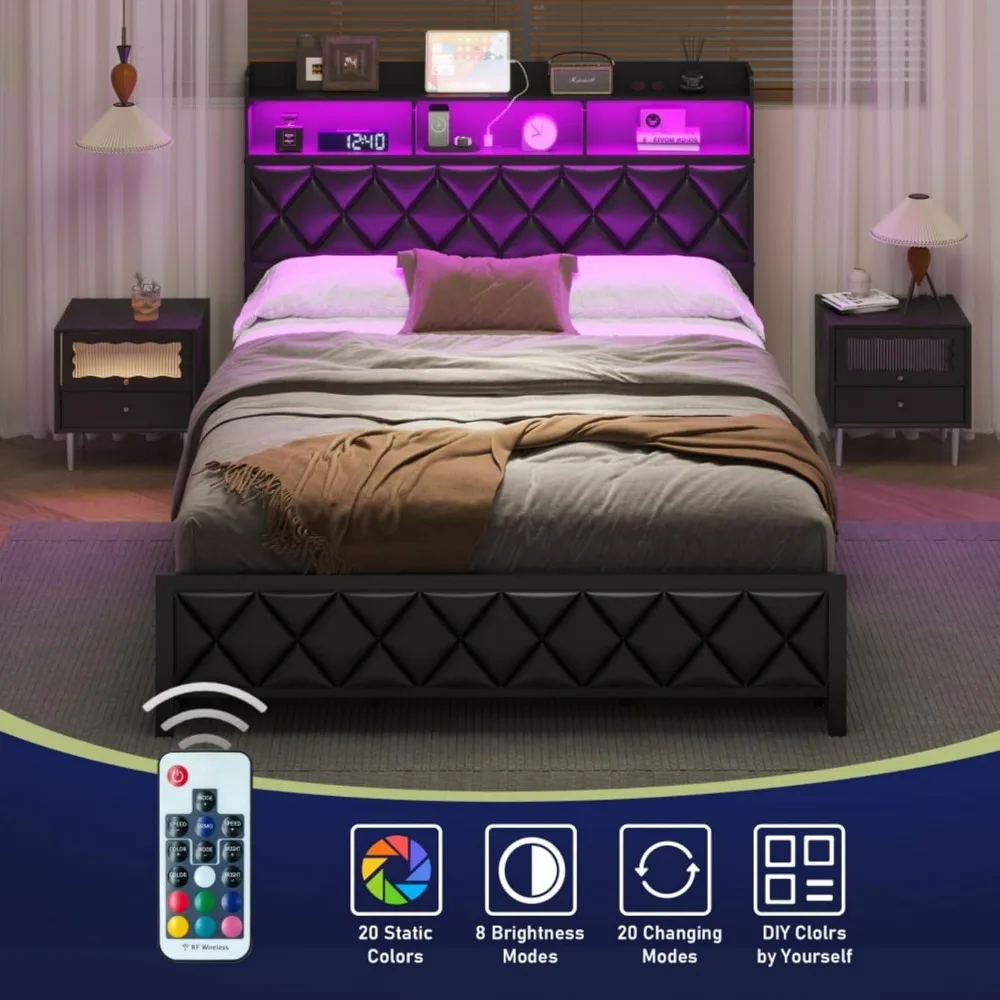bedstead.Queen Bed Frame with Storage Headboard, Wooden Bed Frame with 47.2Bookcase Headboard4Storage Drawers & Charging Station 4