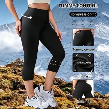 Womens High Waisted 7 Length Non See Through Leggings Ultra Soft Compression Tummy Control Yoga Workout Pants Plus Size Shorts 1