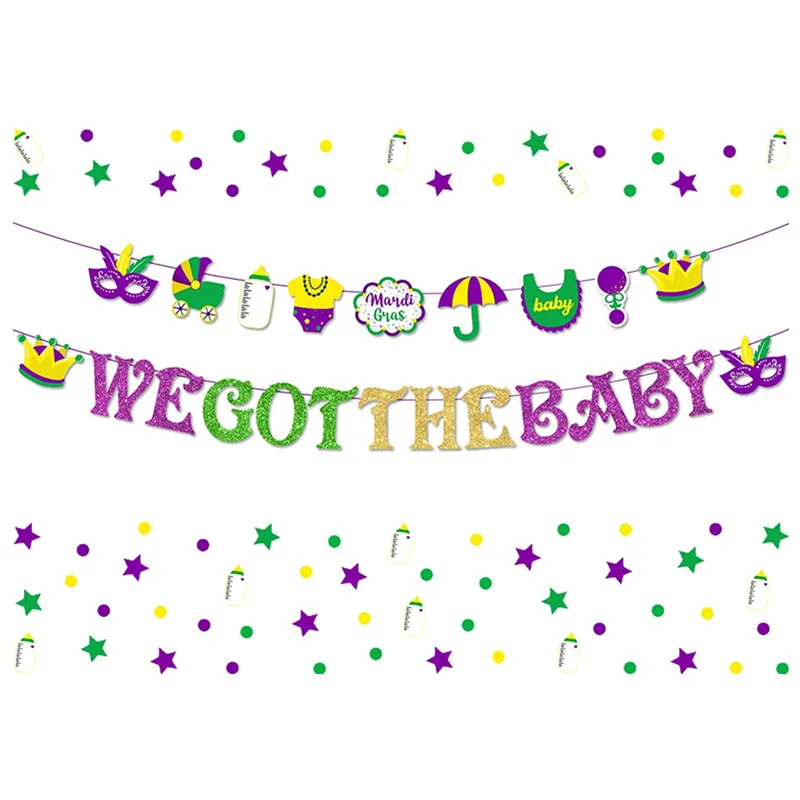 

JOYMEMO Mardi Gras We Got The Baby Bunting Banner Baby Shower Decorations Garland Kit for Masquerade Carnival Party Supplies