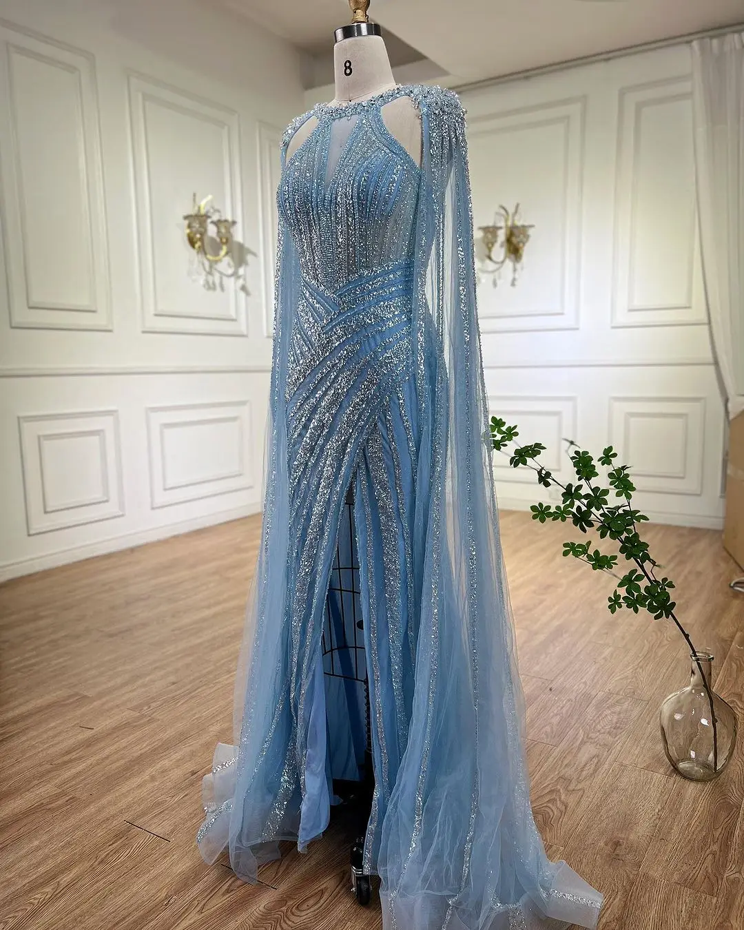 S1edfc0162cbe4975bdce92c9ef955a53Y Lilac Cape Sleeves Mermaid Luxury Beaded Evening Dresses Open Split Wedding Party Gowns For Women Mallzona