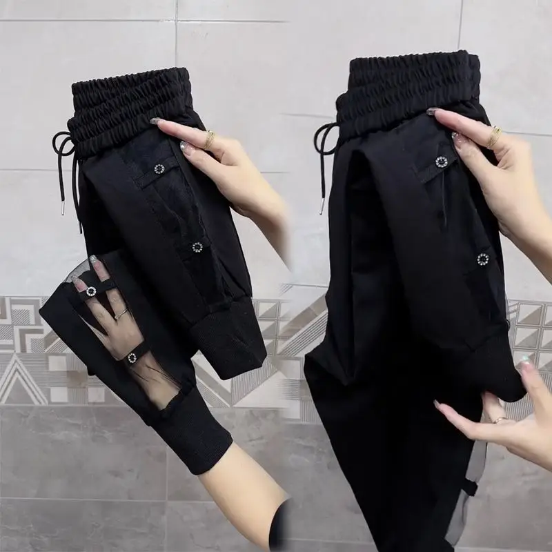 Minimalist Commute 2024 Summer New Capris Women's Elastic Waist Solid Gauze Hollow Out Button Loose Straight Harlan Casual Pants