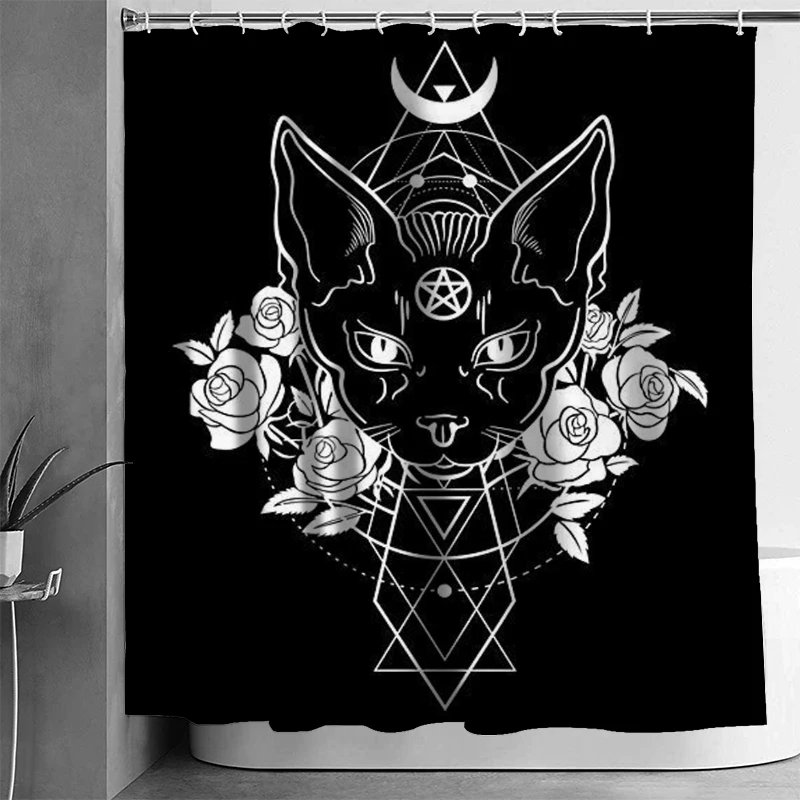 Shower Curtains Satanic Cat Pentagram Black Metal Waterproof Polyester Shower Curtains with 12 Hooks