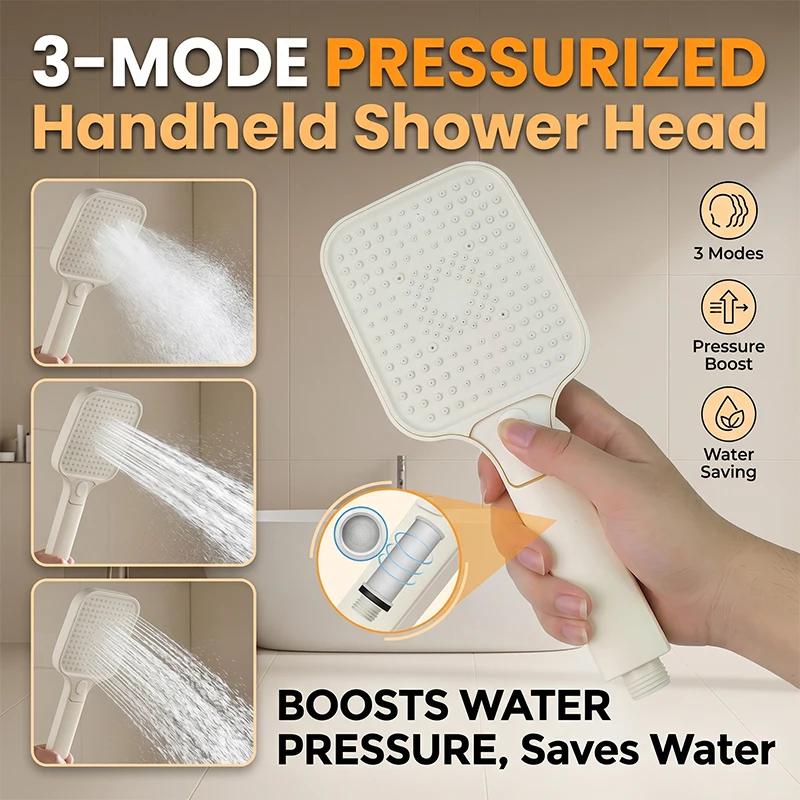 3 Mode Adjustable High Pressure Handheld Shower Head, Large Flow Water Saving Rainfall Spray Nozzle,Universal Bathroom Accessory 2