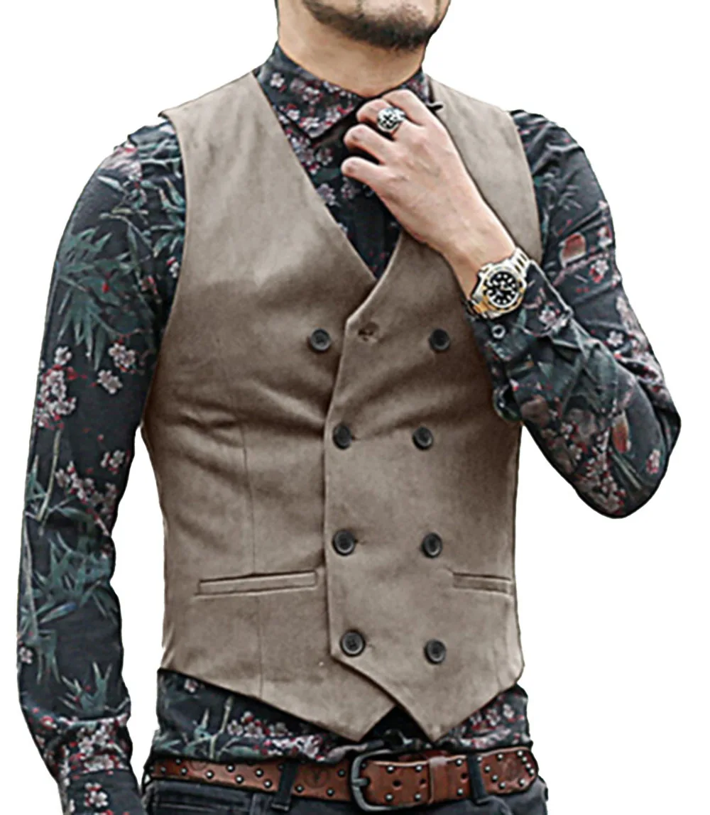 

Men Vest Light Gray V Neck Suede Brown Black Double-breasted Slim Fit Waistcoat Casual Formal Business Groomman For Vest