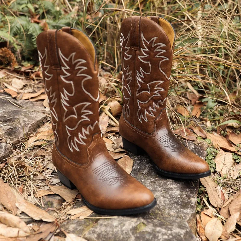 Men Women Mid-calf Boots Handmade Retro Western Cowboy Boots