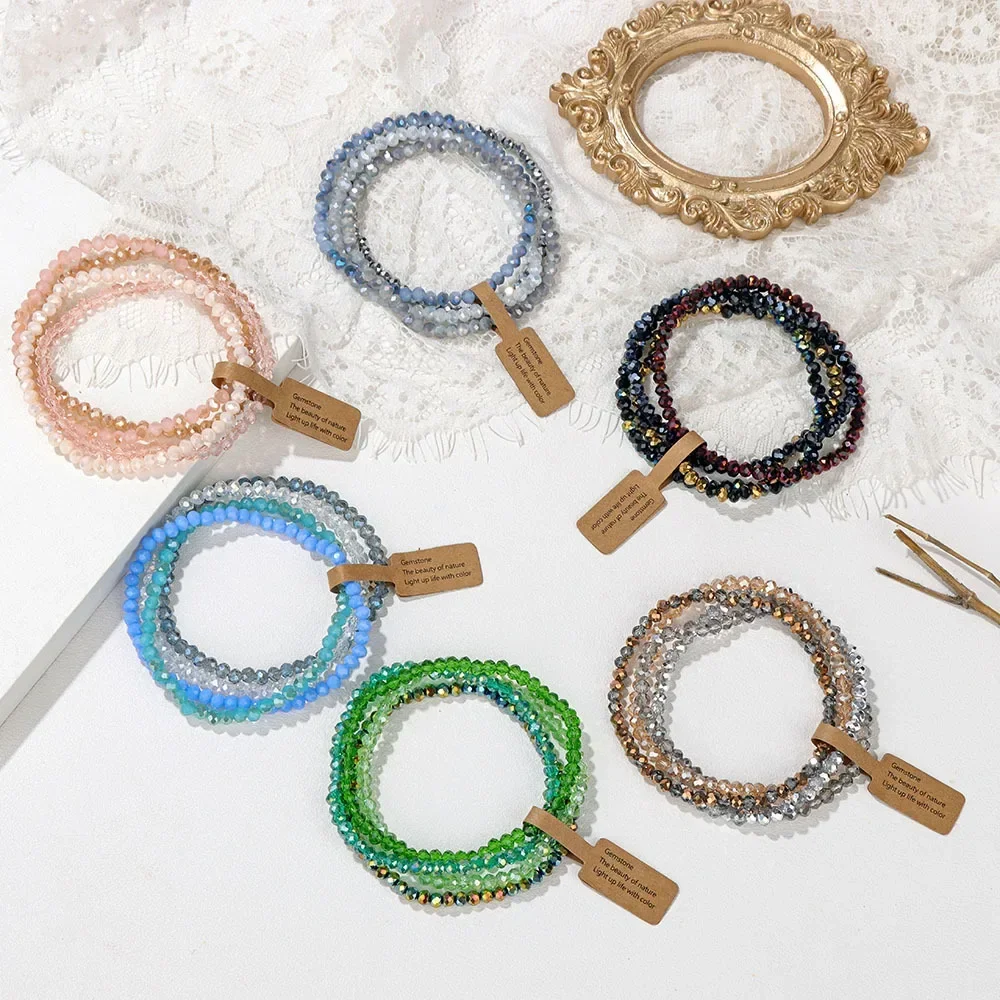 Faceted Glass Beads Stretch Bracelet 4 Pieces Set for Women Men Crystal Beads Elastic Rope Bracelet Handmade Jewelry