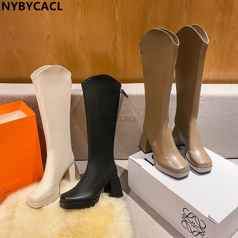 Black Winter Women Boots Fashion Platform Thick Heel Knee High Zipper Autumn Long Shoes Goth Square Heel Rubber Chelsea Plus Siz